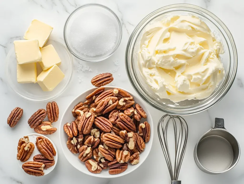 Ingredients for pecan cream pie on a marble countertop.