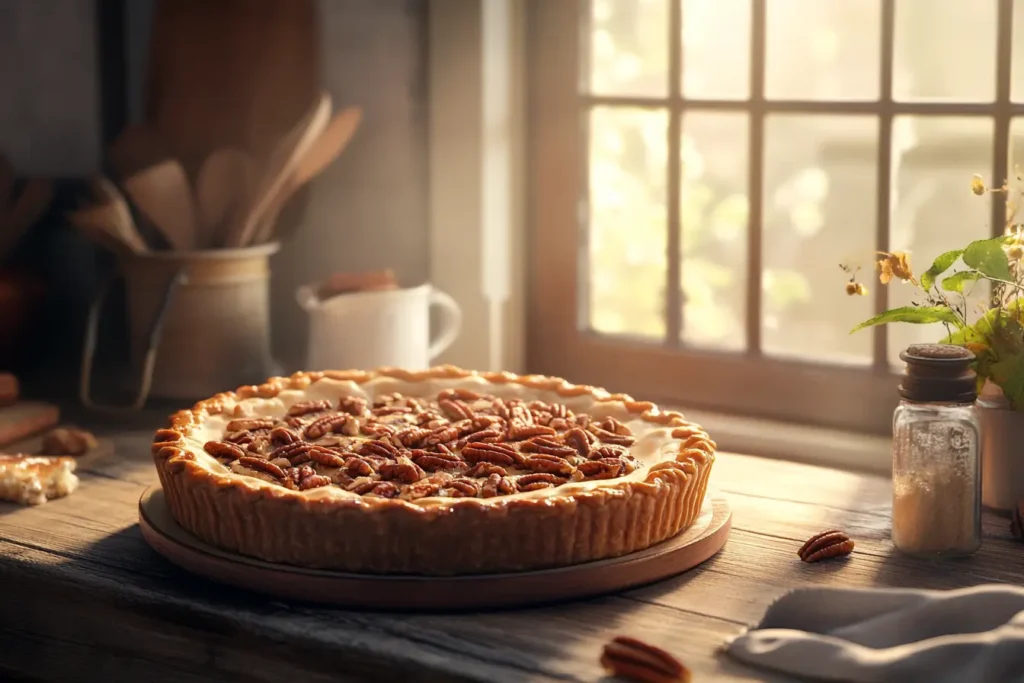 Freshly baked pecan cream pie with toasted pecans on top