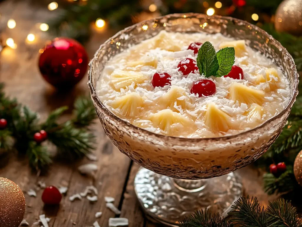 Frosty Snowy Pineapple Punch in a holiday-themed punch bowl.