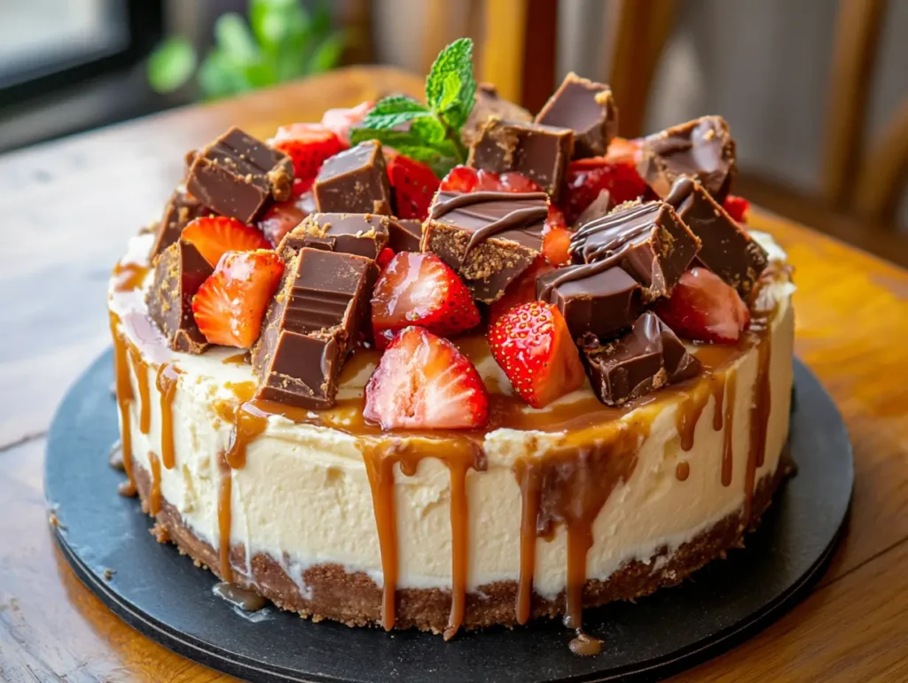 Whole Snickers Strawberry Cheesecake with caramel drizzle and fresh strawberries