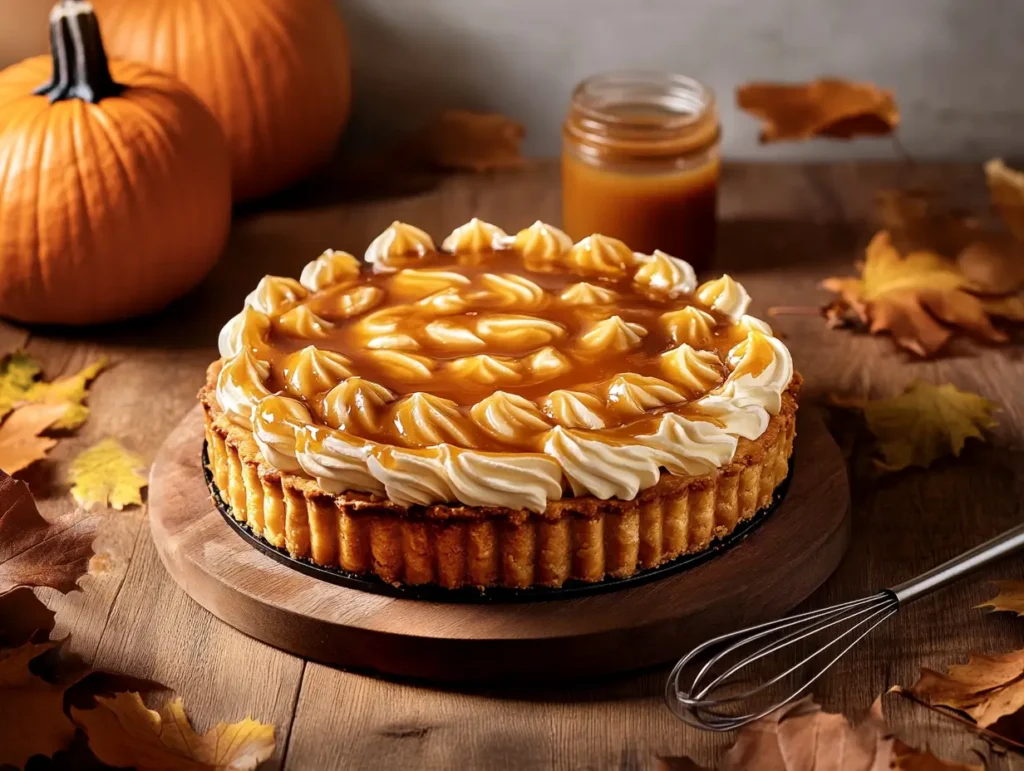 Milk Bar Pumpkin Pie with caramel topping in a rustic autumn setting