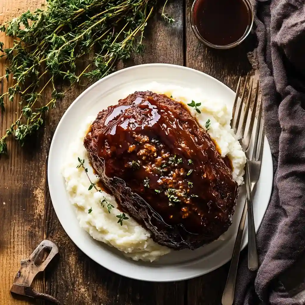 Perfectly glazed meatloaf topped with caramelized sauce.