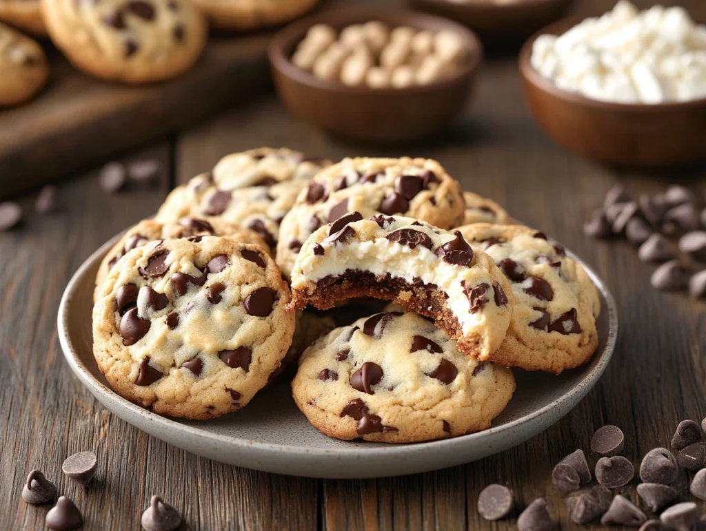Chocolate Chip Cheesecake Cookies on a Rustic Table