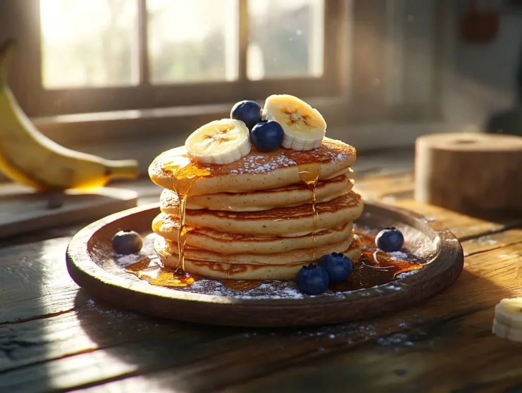 A stack of vegan banana pancakes topped with bananas and blueberries.