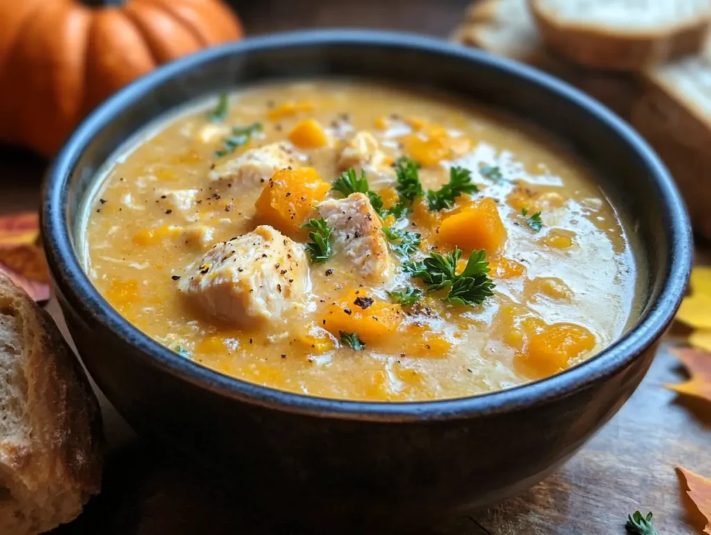A hearty bowl of chicken butternut squash soup garnished with parsley.