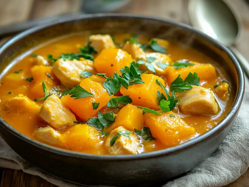 Steaming bowl of chicken butternut squash soup garnished with parsley.