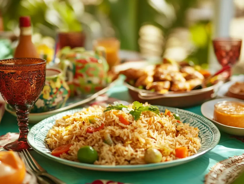 A colorful spread of Trinirice dishes on a festive Trinidadian table