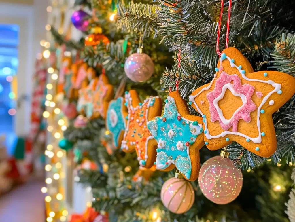 Plate of festive mini gingerbread cookies with Christmas decorations.