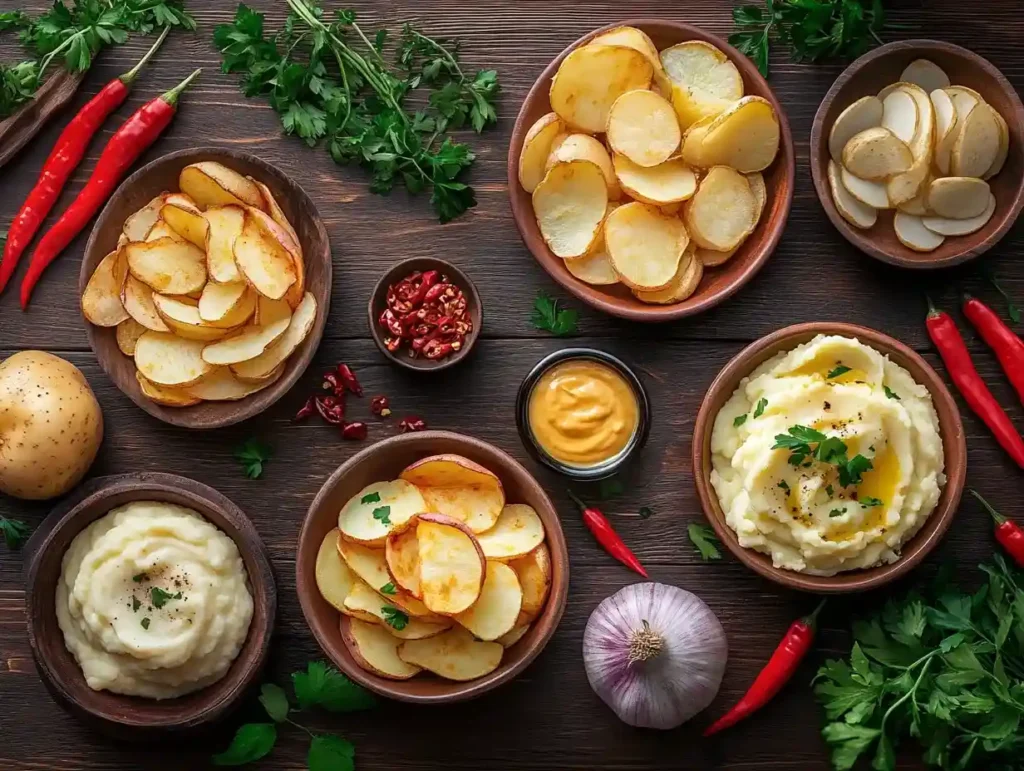 A collection of potato dishes like patatas bravas and papas fritas on a rustic wooden table