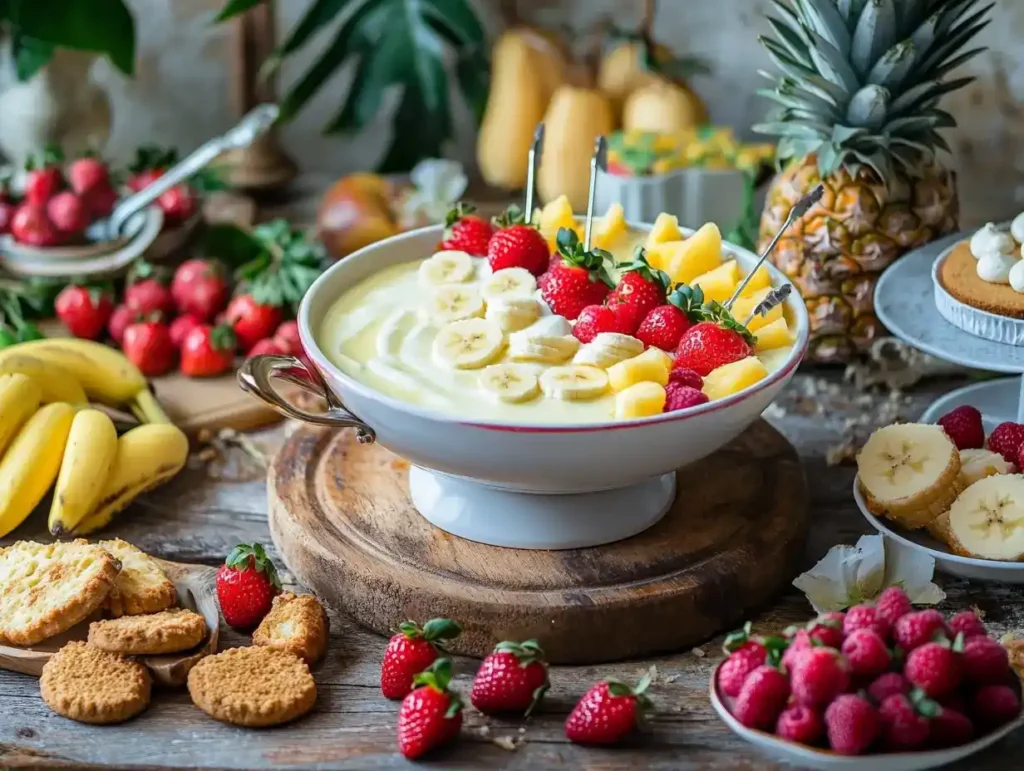 Cheesecake fondue surrounded by fresh fruits and cookies.