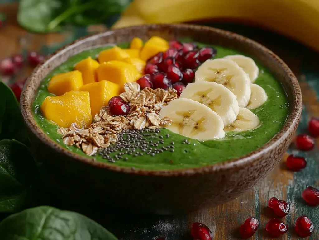 Vibrant green smoothie bowl topped with granola, bananas, and berries.