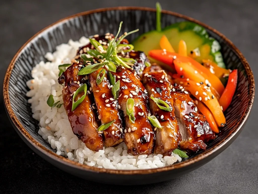 Plate of Tokyo Express Teriyaki Chicken with rice and vegetables.