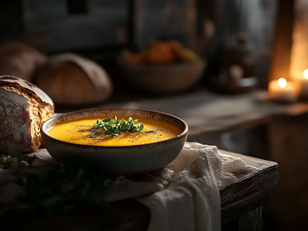 Creamy butternut squash soup in a rustic kitchen setting