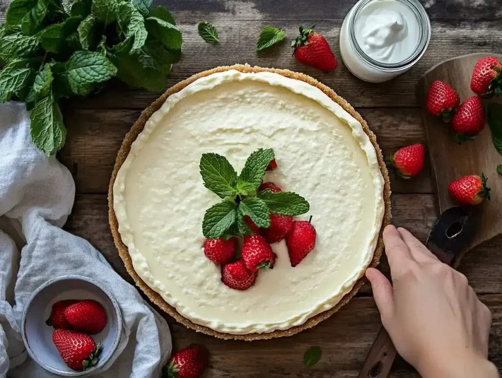 Perfect 3 Ingredient No Bake Cheesecake topped with strawberries and mint