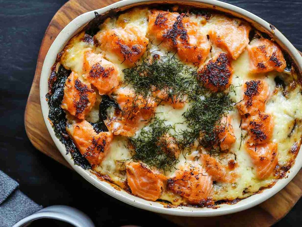 Cheesy sushi bake recipe with salmon, nori, and crispy toppings