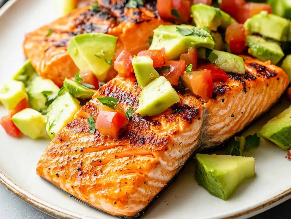 Grilled salmon fillet topped with fresh avocado and tomato salsa.