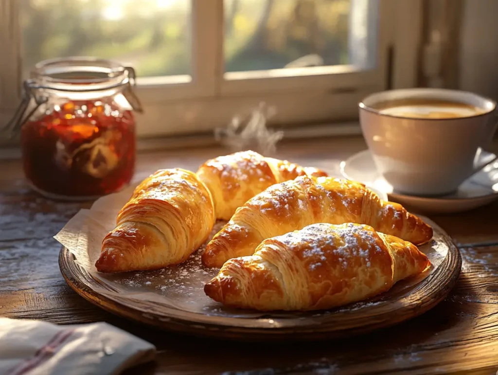Freshly baked Swiss Gipfeli on a wooden breakfast table