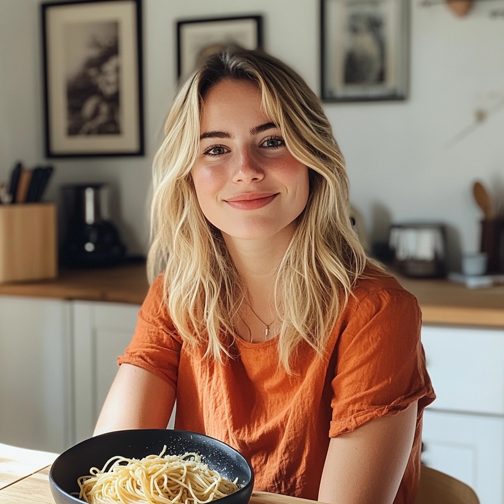 A person with blonde wavy hair wearing an orange t-shirt smiling at the camera while sitting at a wooden table with a bowl of pasta, in a modern kitchen with framed artwork on the walls.