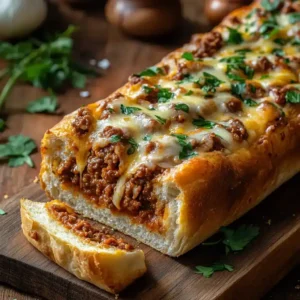 Close-up of savory ground beef sloppy joe mixture being spooned onto a slice of toasted white bread