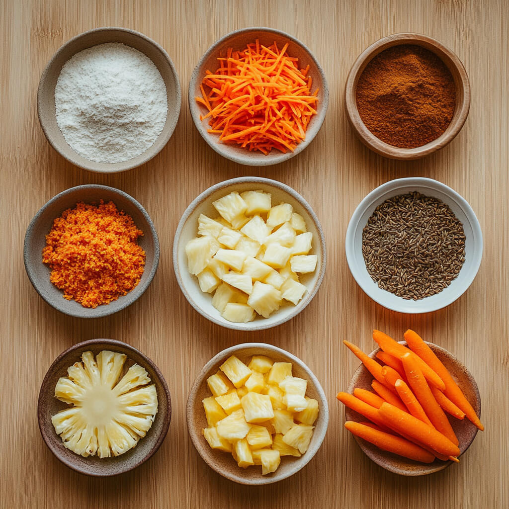 Overhead view of Hawaiian carrot pineapple cake ingredients including grated carrots and crushed pineapple