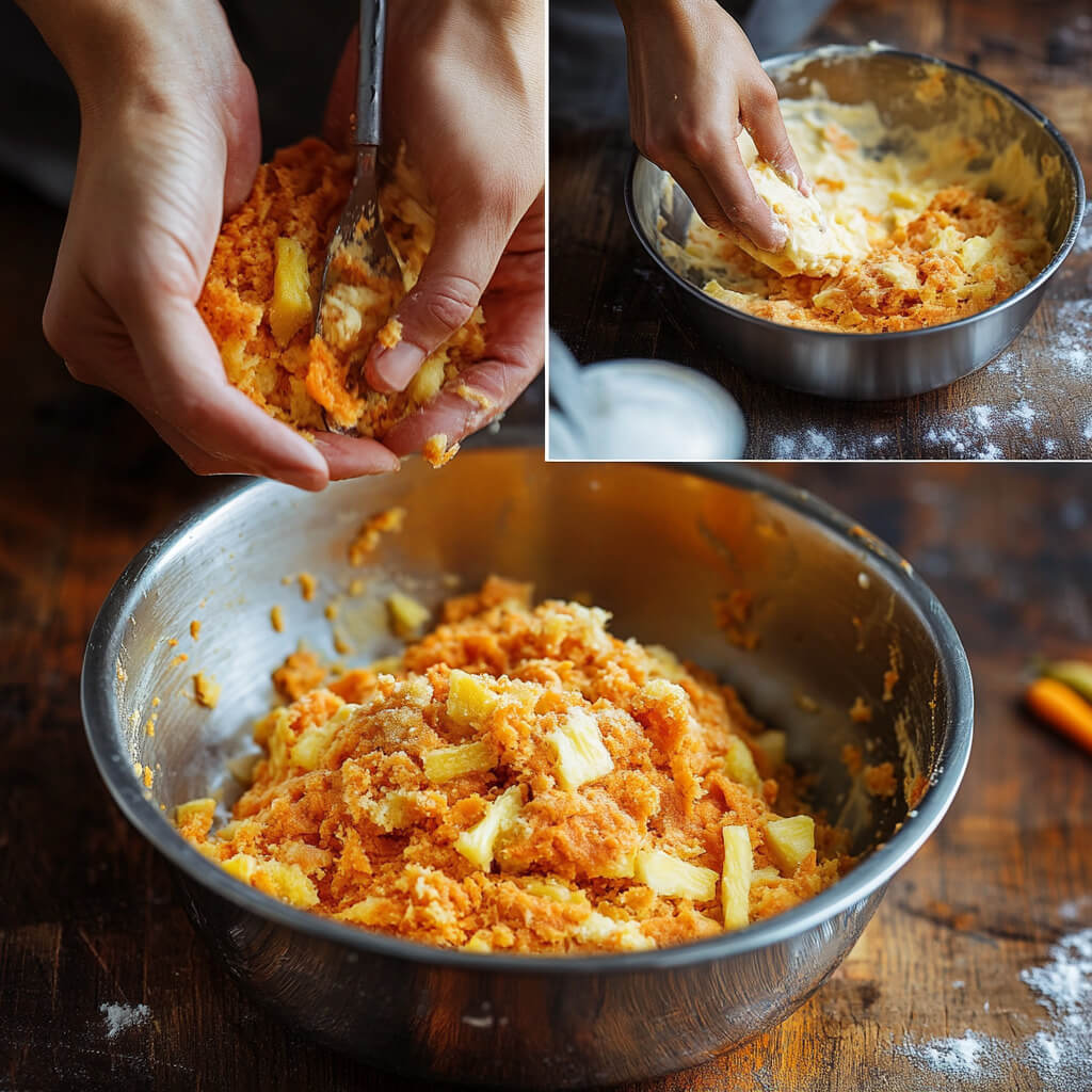Step by step preparation of Hawaiian carrot pineapple cake showing mixing technique