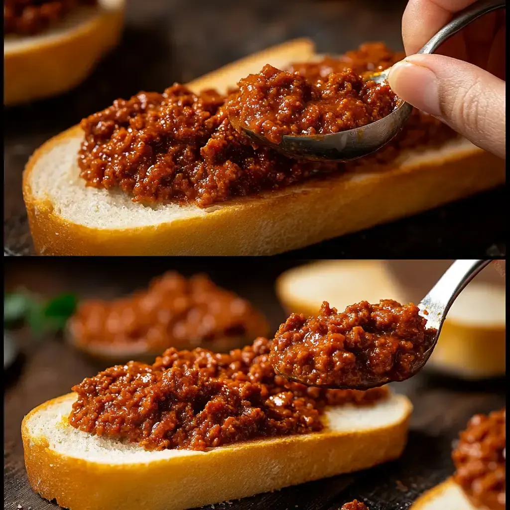 Sliced French bread loaf filled with sloppy joe meat and topped with melted cheese and fresh herbs