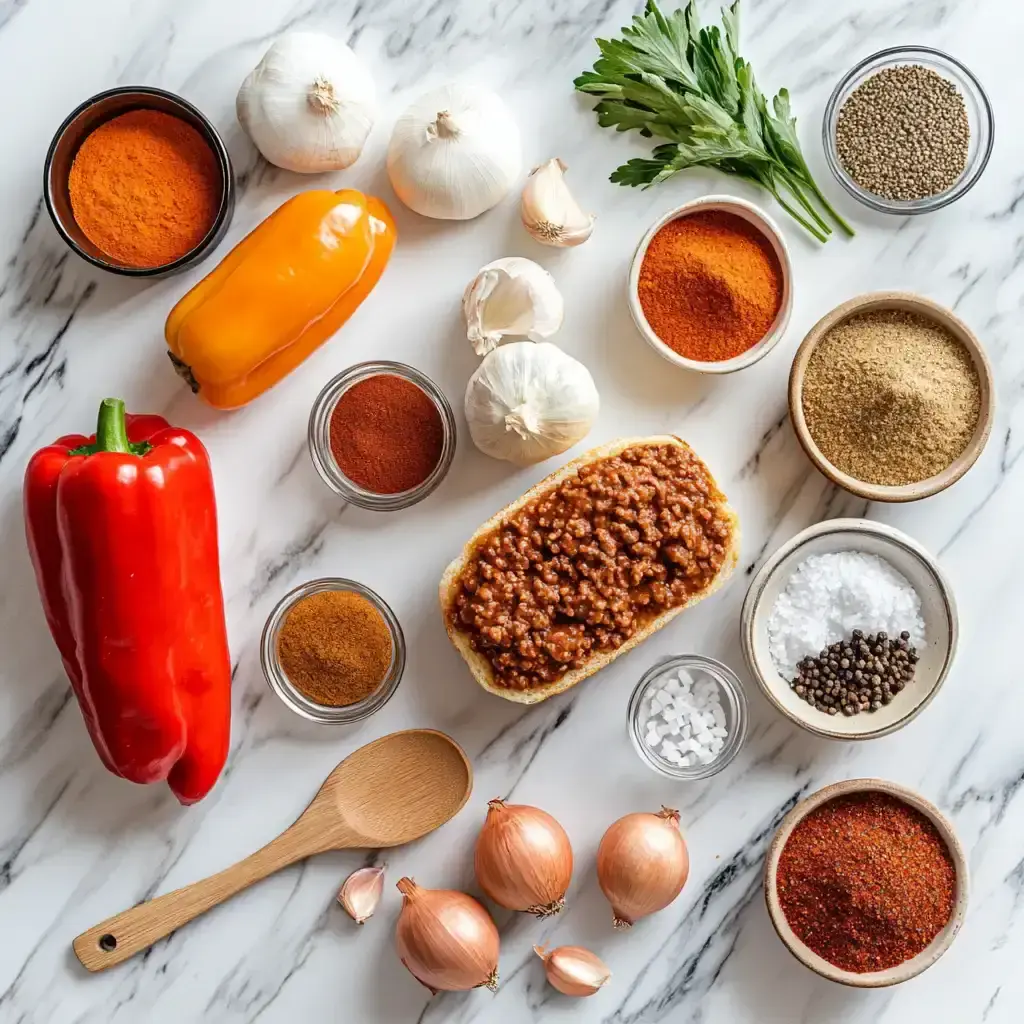 Flatlay of sloppy joe ingredients including bell peppers, garlic, onions, spices, and herbs on marble countertop