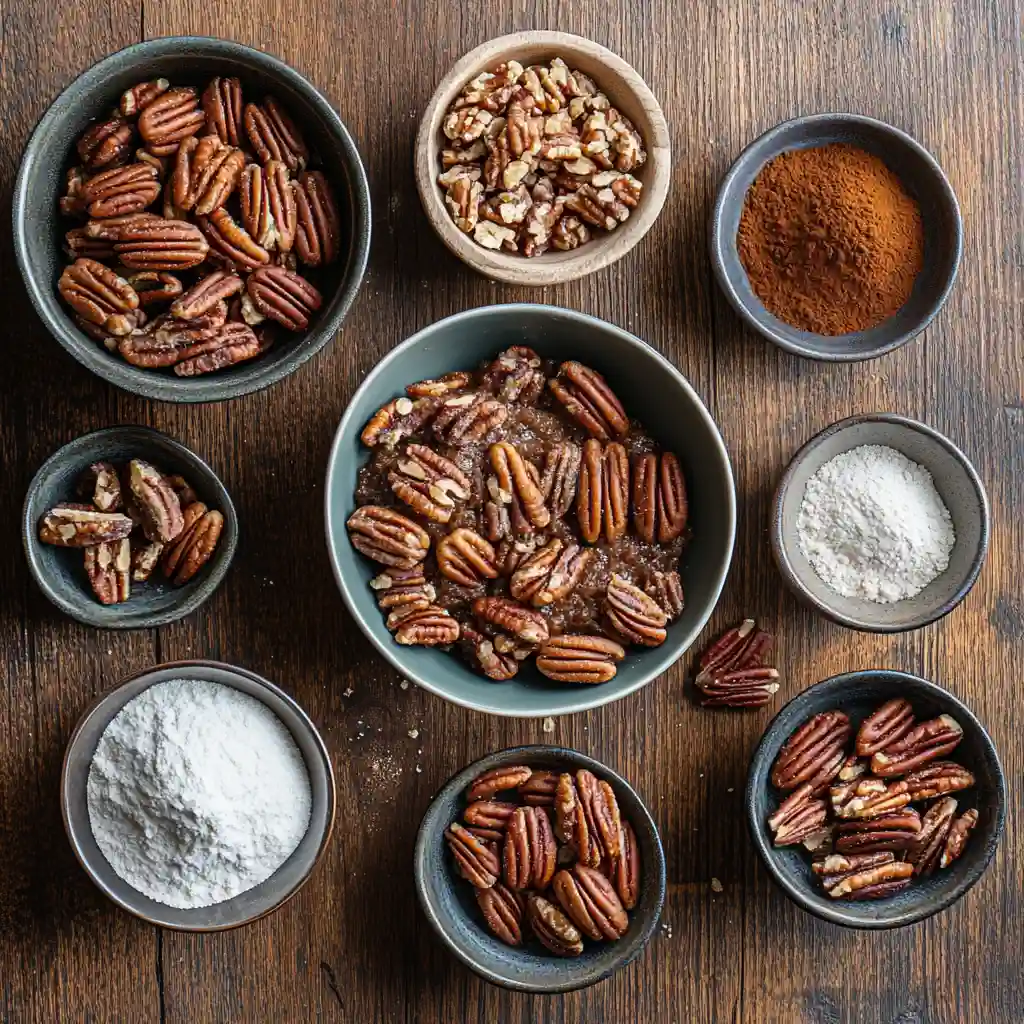 Flat lay of pecan pie cobbler ingredients including pecans, brown sugar, cinnamon, flour, and powdered sugar on a wooden table