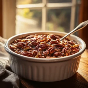Golden baked pecan pie cobbler in a white ramekin with a spoon inside, set by a sunlit window