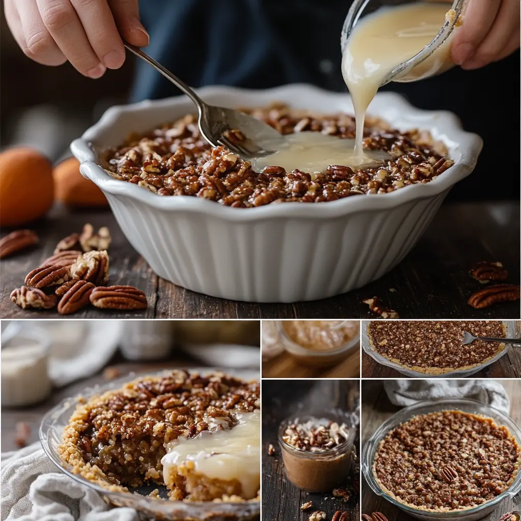 Collage showing steps of making pecan pie cobbler, from mixing ingredients to pouring sauce and final slice